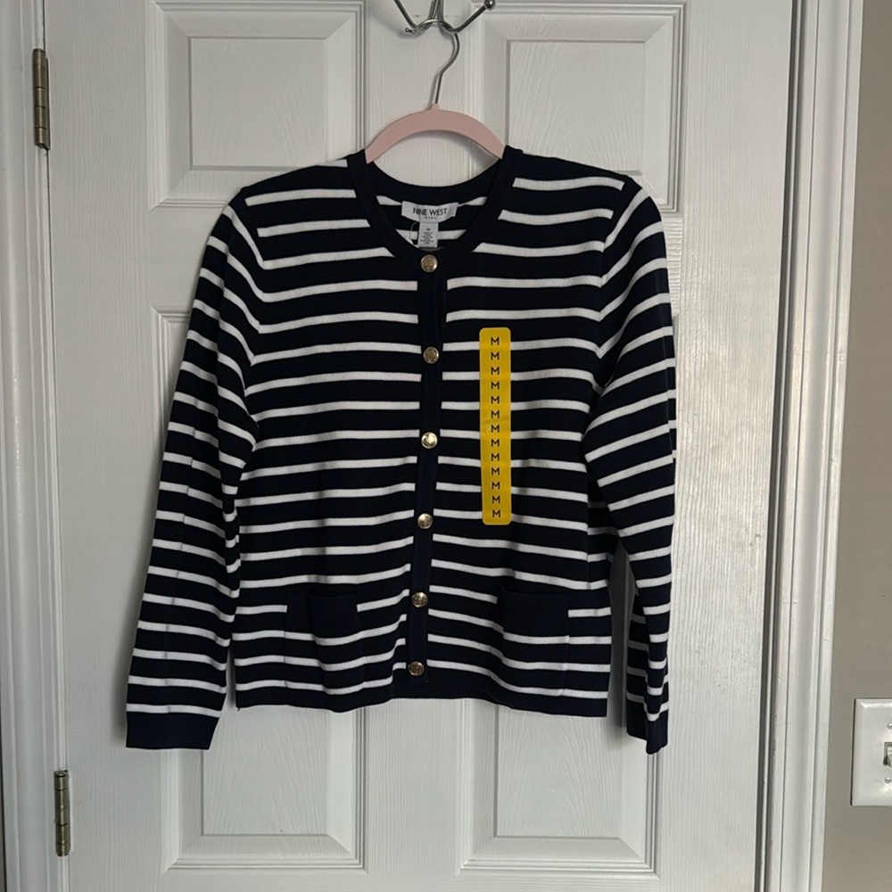 Nine West Navy and White Striped Cardigan